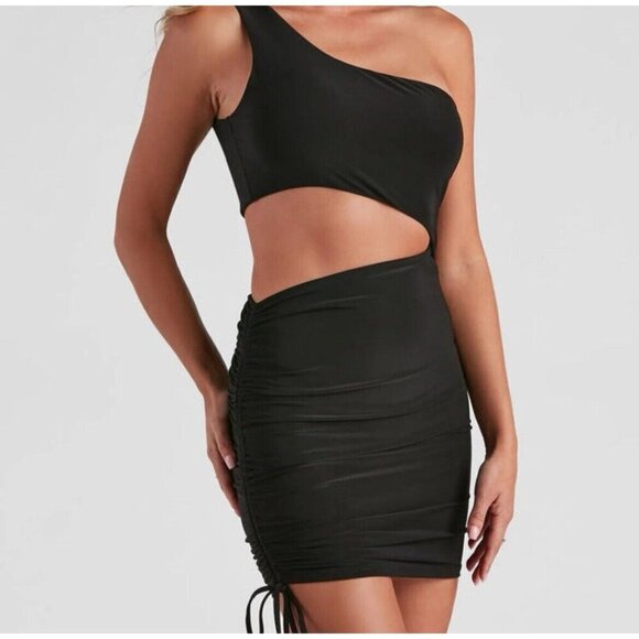 SHEIN Black Bodycon Mini Tank Dress Cutout XS One Shoulder Cocktail - Picture 1 of 5